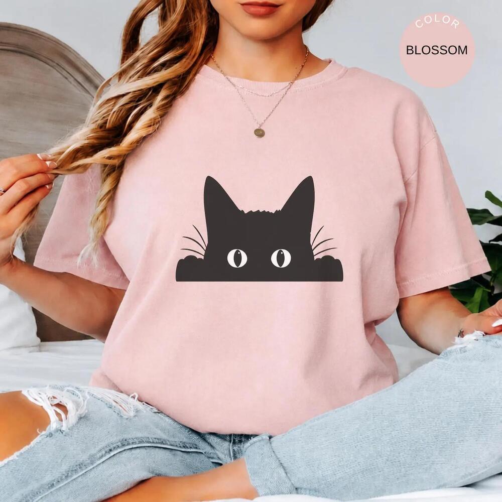 Black Cat Peeking Shirt, Minimalist Kitty Graphic Tee, Spooky Pet Lover Apparel